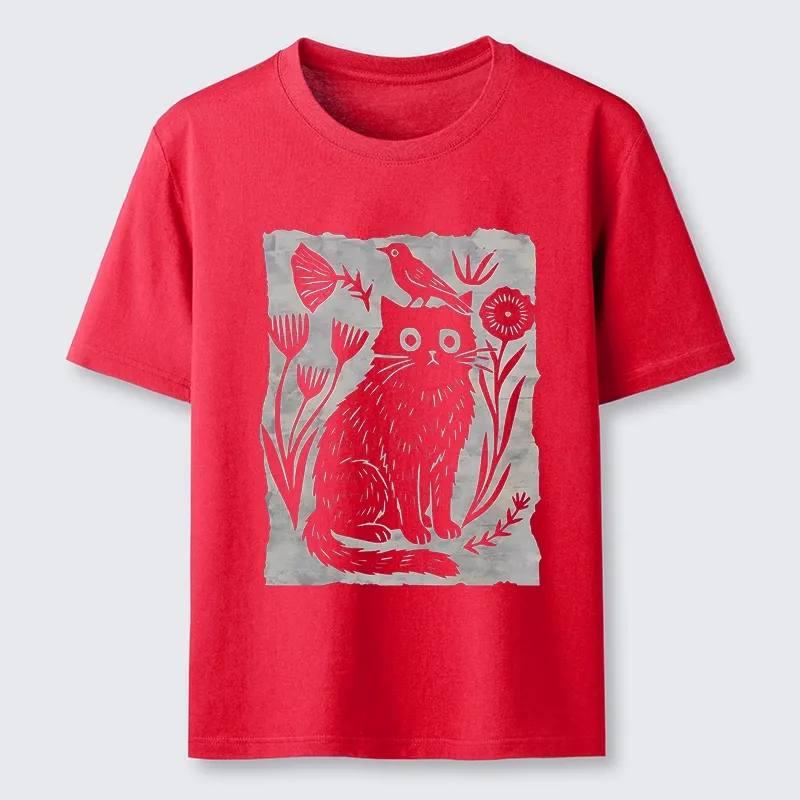 Tokyo-Tiger Folk Paper Cut Cat Bird Floral Art Classic T-Shirt