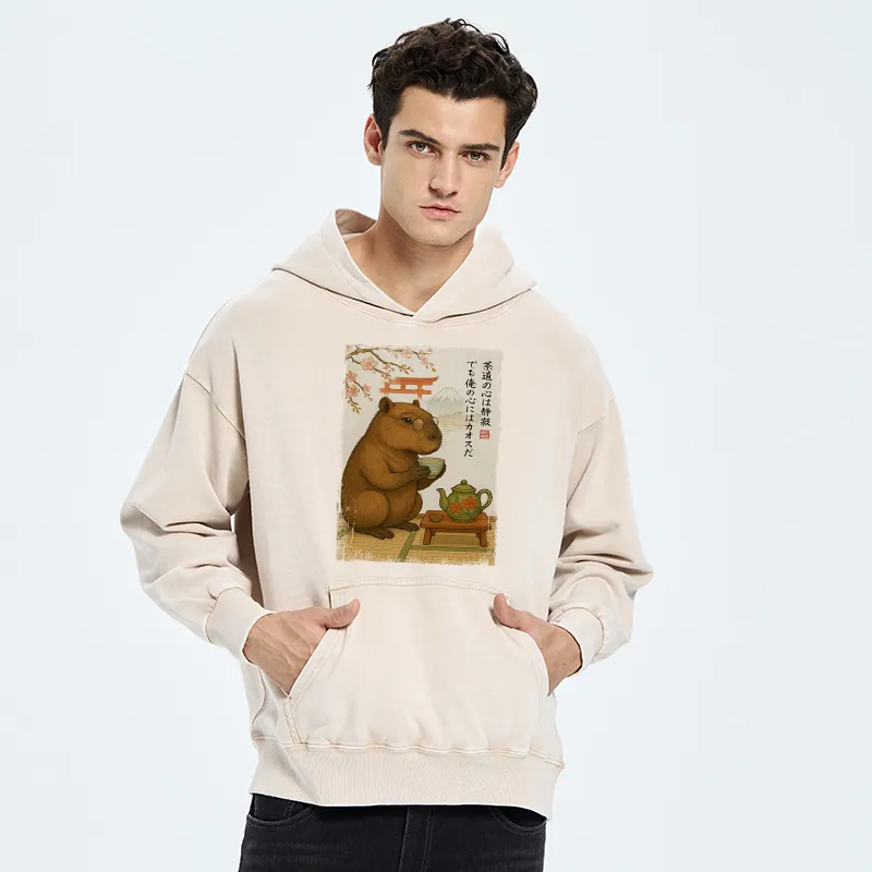Tokyo-Tiger Tea Time With a Capybara Washed Hoodie