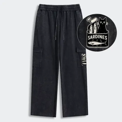 Tokyo-Tiger Cat And Canned Fish Washed Utility Sweatpants