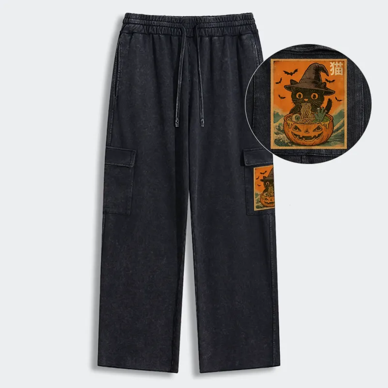 Tokyo-Tiger Halloween Cat Eating Ramen Washed Utility Sweatpants
