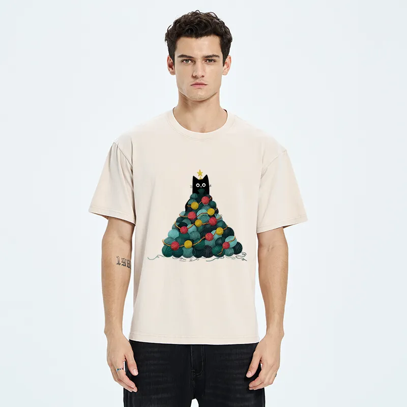 Tokyo-Tiger Yarn Christmas Tree Cat Washed T-Shirt