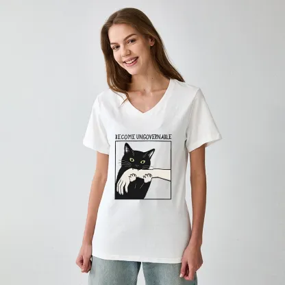 Tokyo-Tiger Black Cat Biting V-Neck Classic T-Shirt