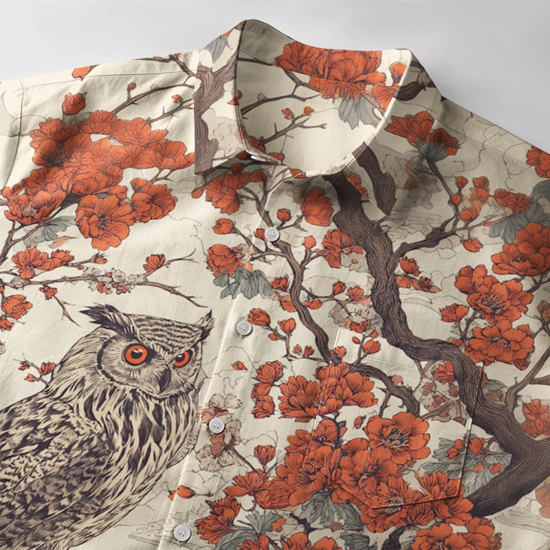 Tokyo-Tiger Owl And Plum Blossom Button-up Shirt