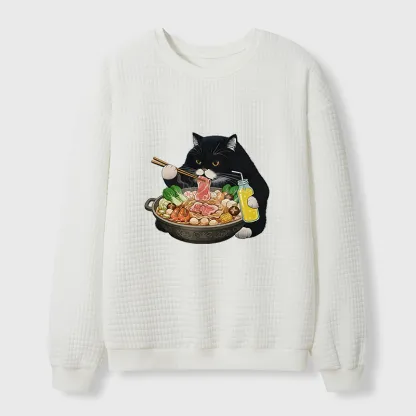 Tokyo-Tiger Black Cat Eating Hot Pot Waffle Sweatshirt