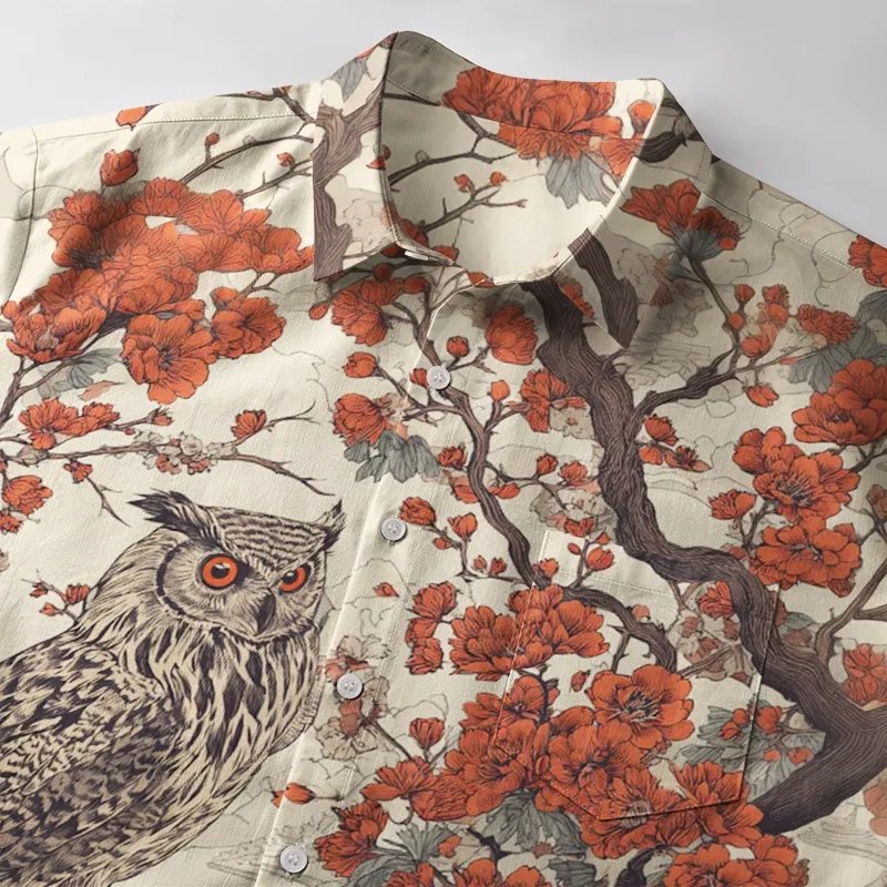 Tokyo-Tiger Owl And Plum Blossom Button-up Shirt
