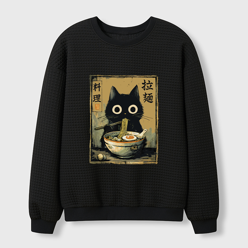 Tokyo-Tiger Cute Black Cat Eating Ramen Japan Waffle Sweatshirt