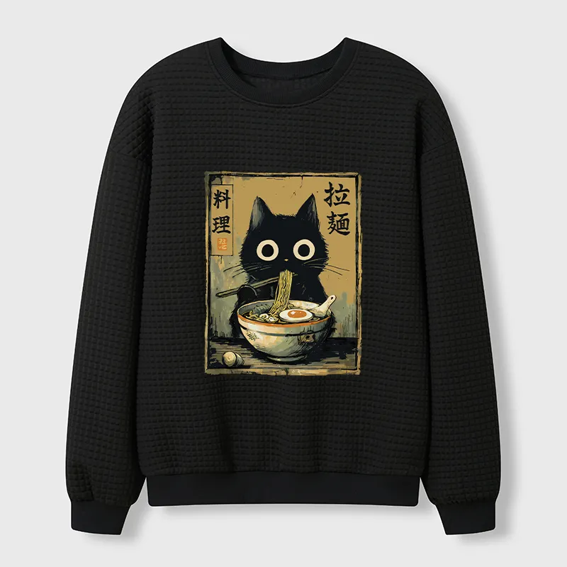 Tokyo-Tiger Cute Black Cat Eating Ramen Japan Waffle Sweatshirt