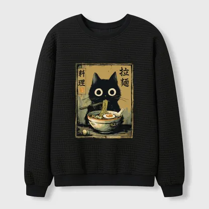 Tokyo-Tiger Cute Black Cat Eating Ramen Japan Waffle Sweatshirt