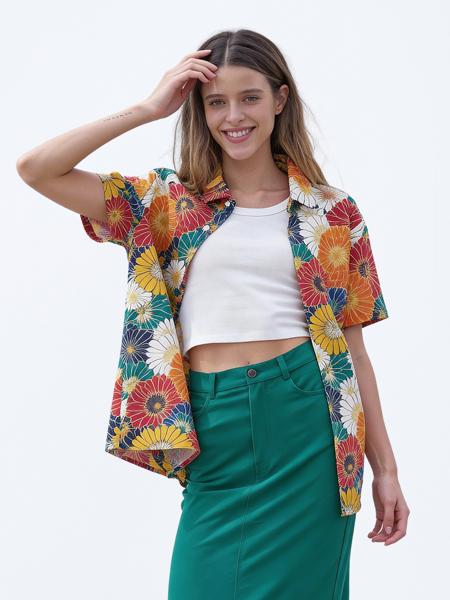 Tokyo-Tiger Colorful Chrysanthemums Button-up Shirt