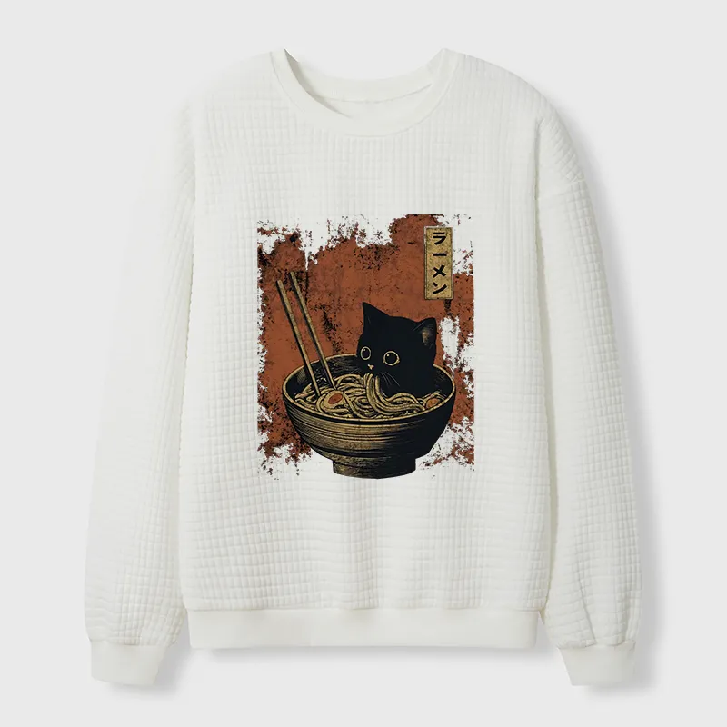Tokyo-Tiger Retro Cat Eating Japan Ramen Waffle Sweatshirt