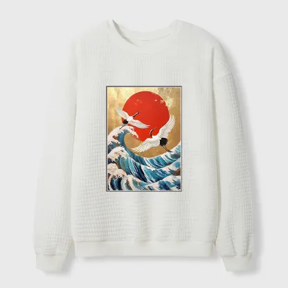 Tokyo-Tiger Cranes And Waves Ukiyo-e Waffle Sweatshirt
