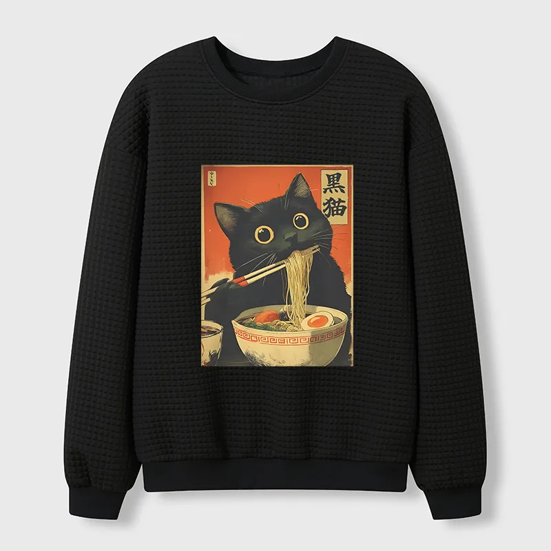 Tokyo-Tiger Black Cat Eats Japanese Ramen Retro Waffle Sweatshirt