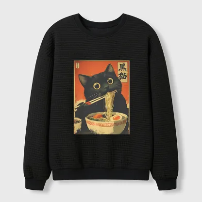 Tokyo-Tiger Black Cat Eats Japanese Ramen Retro Waffle Sweatshirt