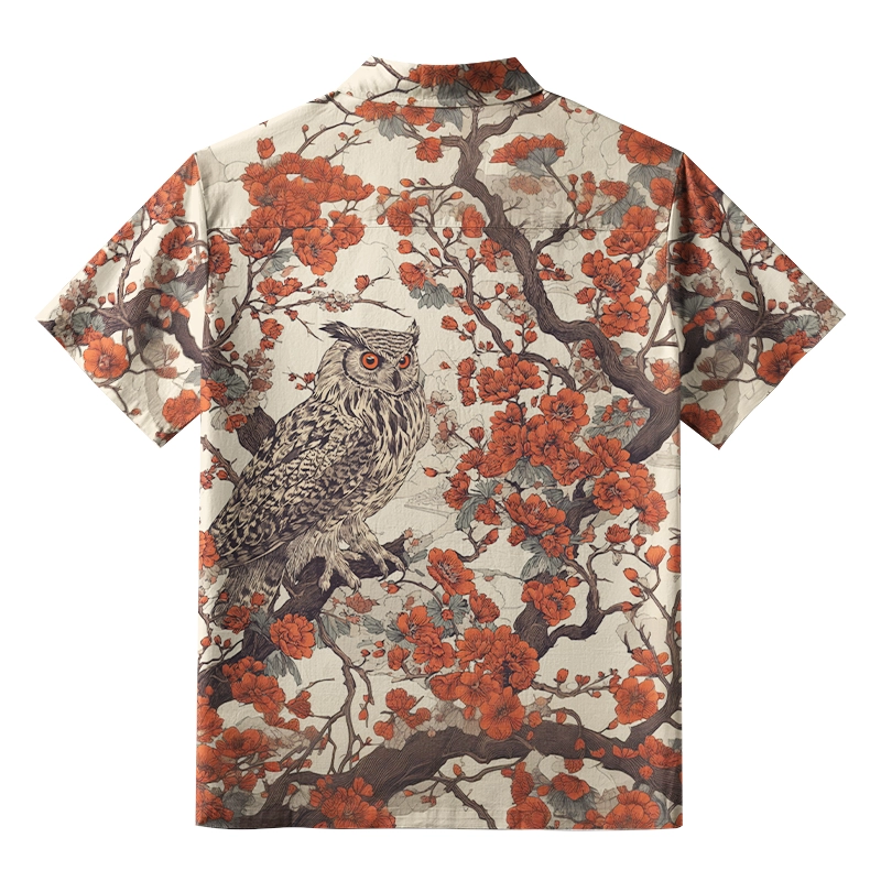 Tokyo-Tiger Owl And Plum Blossom Button-up Shirt