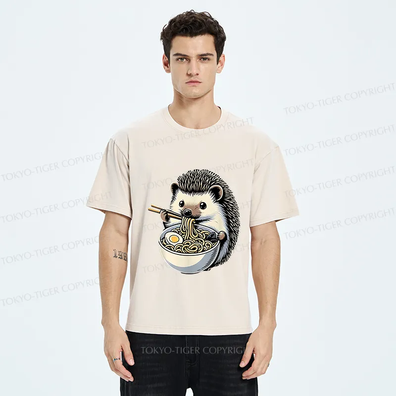 Tokyo-Tiger Hedgehog Eat Ramen Kawaii Washed T-Shirt