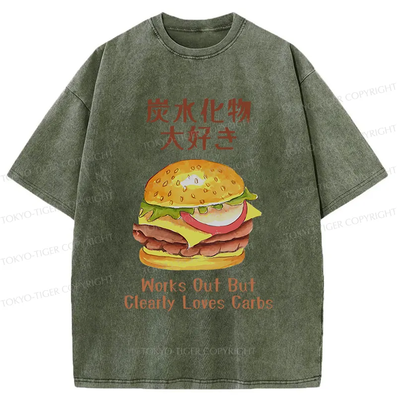 Tokyo-Tiger I Love Carbs Hamburger Washed T-Shirt