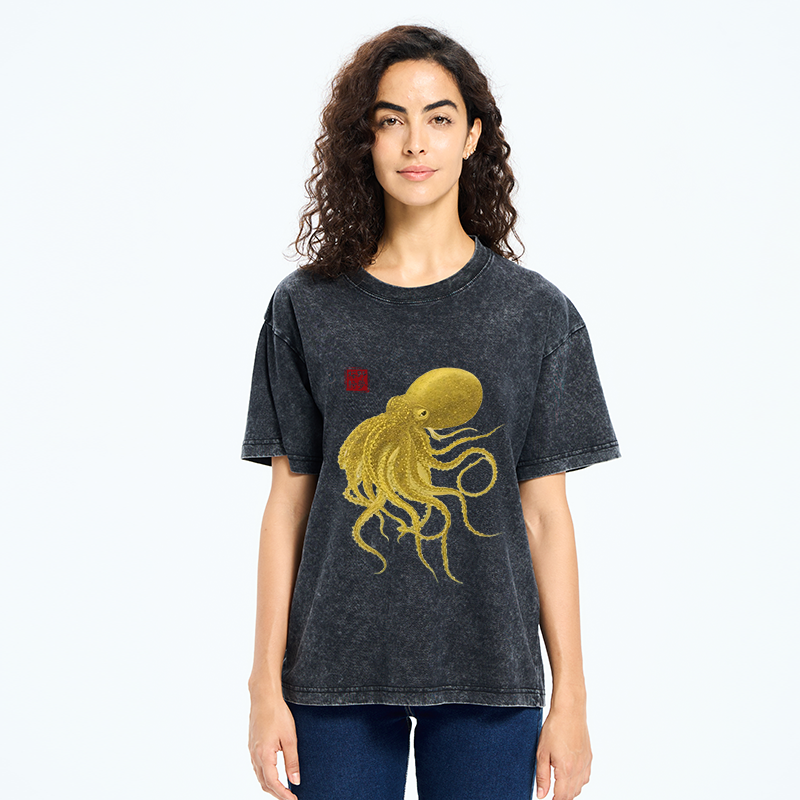Tokyo-Tiger Woodblock Golden Octopus Washed T-Shirt