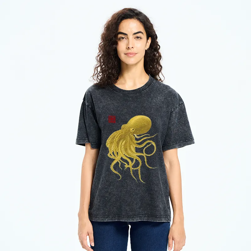 Tokyo-Tiger Woodblock Golden Octopus Washed T-Shirt