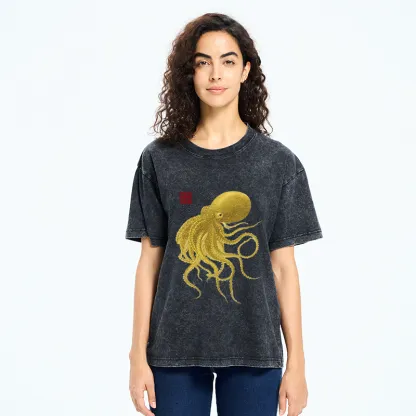 Tokyo-Tiger Woodblock Golden Octopus Washed T-Shirt