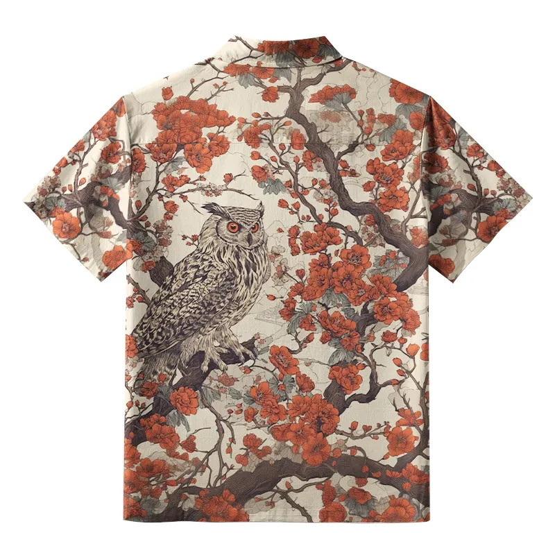 Tokyo-Tiger Owl And Plum Blossom Button-up Shirt