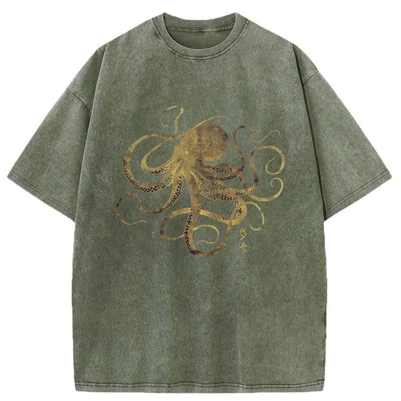 Tokyo-Tiger Octopus Japanese Gold Print Tattoo Washed T-Shirt
