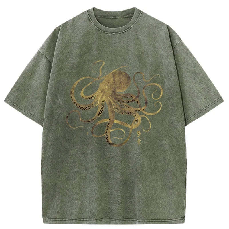 Tokyo-Tiger Octopus Japanese Gold Print Tattoo Washed T-Shirt