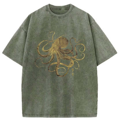 Tokyo-Tiger Octopus Japanese Gold Print Tattoo Washed T-Shirt