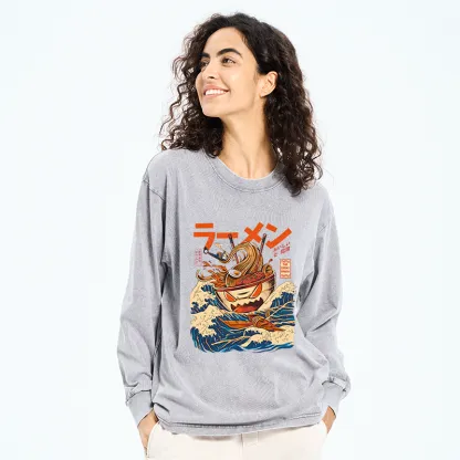 Tokyo-Tiger The Great Wave Ramen Kaiju Washed Long Sleeve T-Shirt