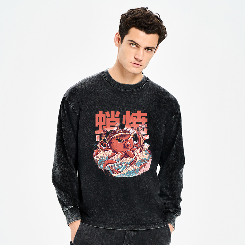 Tokyo-Tiger The Great Wave Takoyaki Japanese Washed Long Sleeve T-Shirt