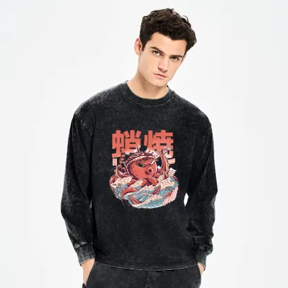 Tokyo-Tiger The Great Wave Takoyaki Japanese Washed Long Sleeve T-Shirt