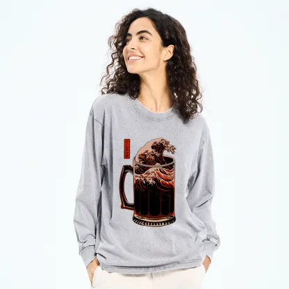 Tokyo-Tiger The Great Wave Of Beer Japanese Washed Long Sleeve T-Shirt