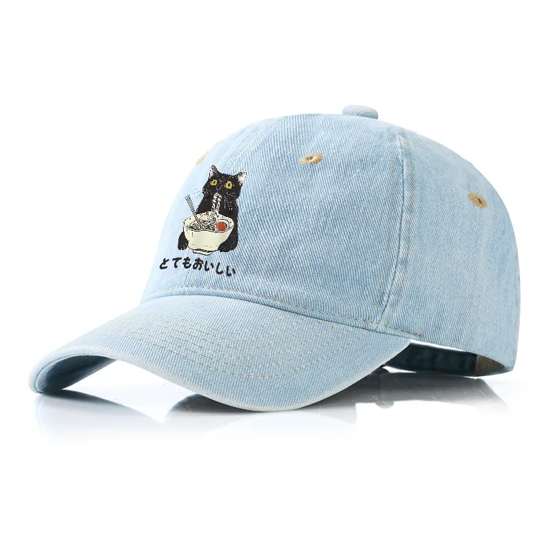 Tokyo-Tiger Cats Eat Ramen Noodles Denim Cap