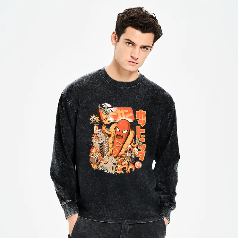 Tokyo-Tiger Great Hot Dog Kaiju Japanese Washed Long Sleeve T-Shirt