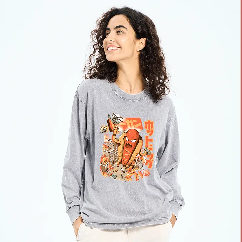 Tokyo-Tiger Great Hot Dog Kaiju Japanese Washed Long Sleeve T-Shirt