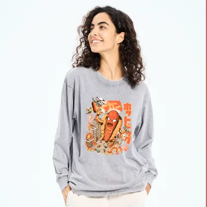 Tokyo-Tiger Great Hot Dog Kaiju Japanese Washed Long Sleeve T-Shirt