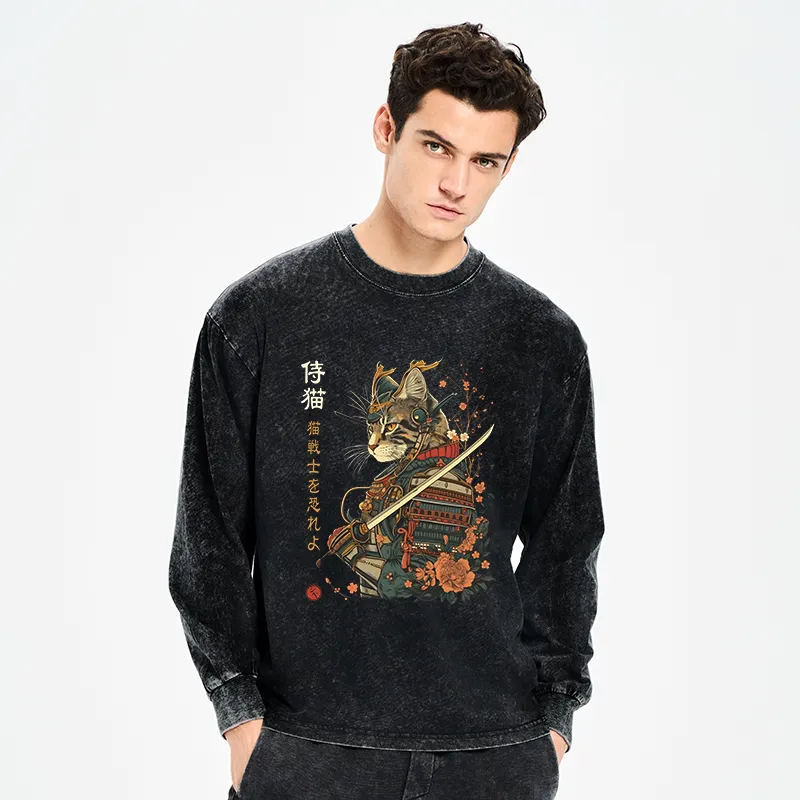 Tokyo-Tiger Cat Samurai Japanese Art Washed Long Sleeve T-Shirt
