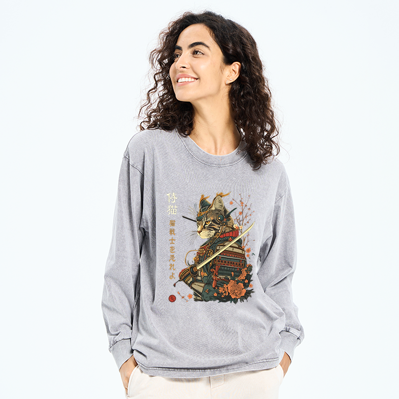 Tokyo-Tiger Cat Samurai Japanese Art Washed Long Sleeve T-Shirt