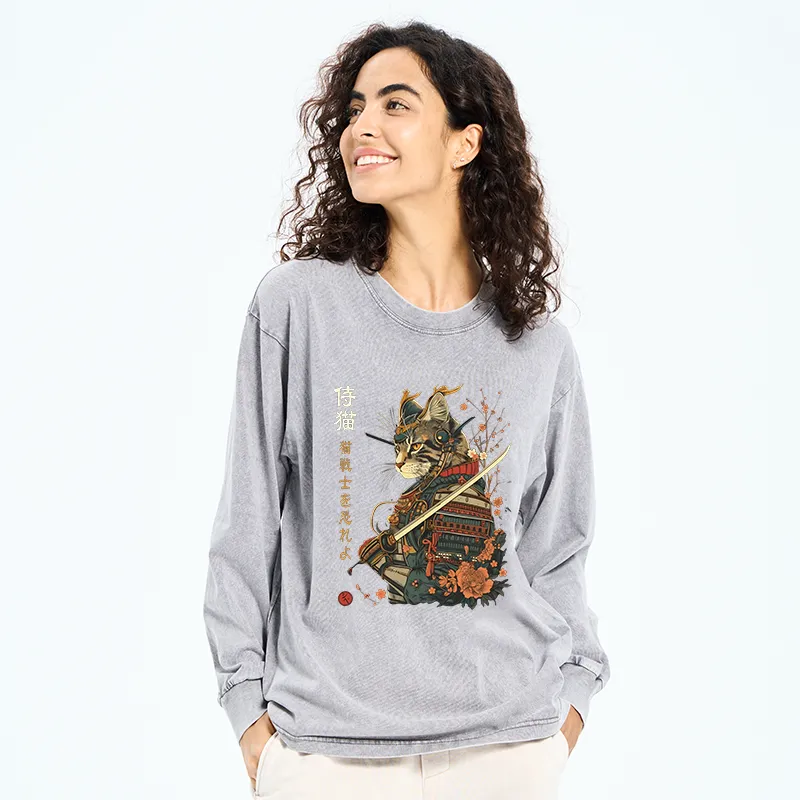 Tokyo-Tiger Cat Samurai Japanese Art Washed Long Sleeve T-Shirt