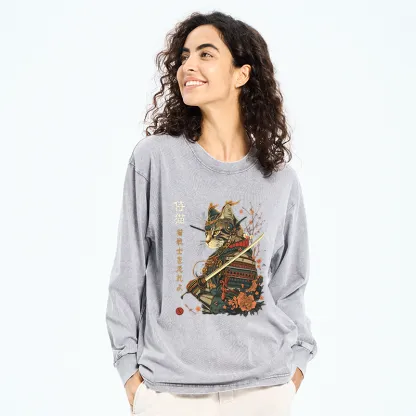 Tokyo-Tiger Cat Samurai Japanese Art Washed Long Sleeve T-Shirt