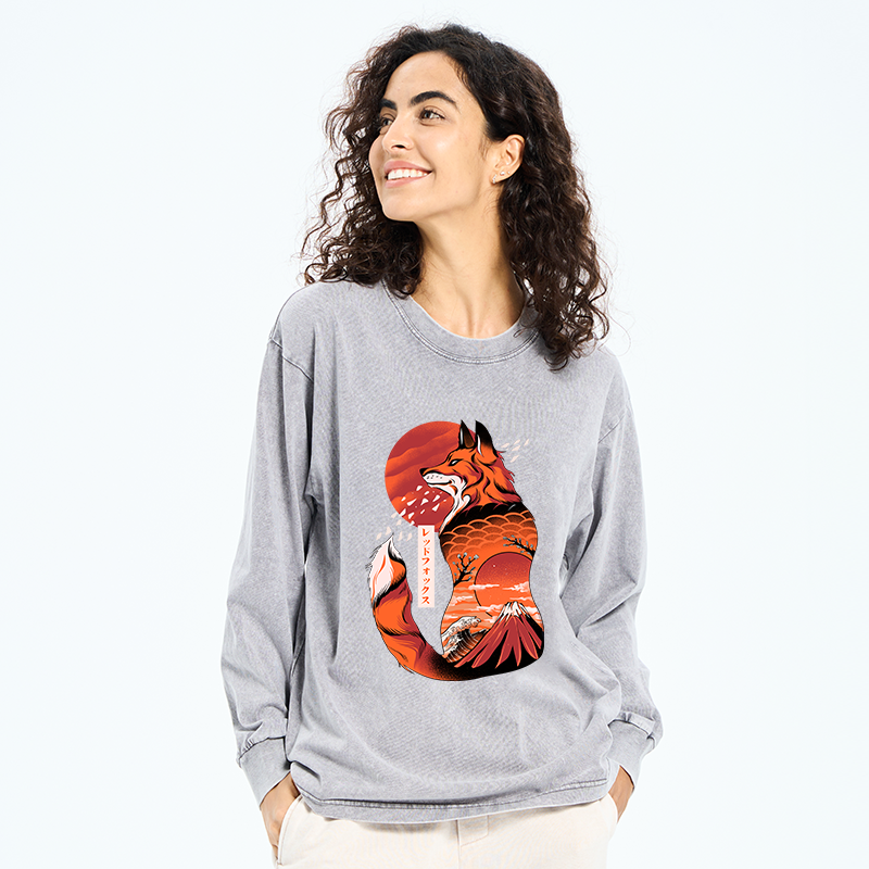 Tokyo-Tiger Japanese Fox KitsuneTattoo Washed Long Sleeve T-Shirt