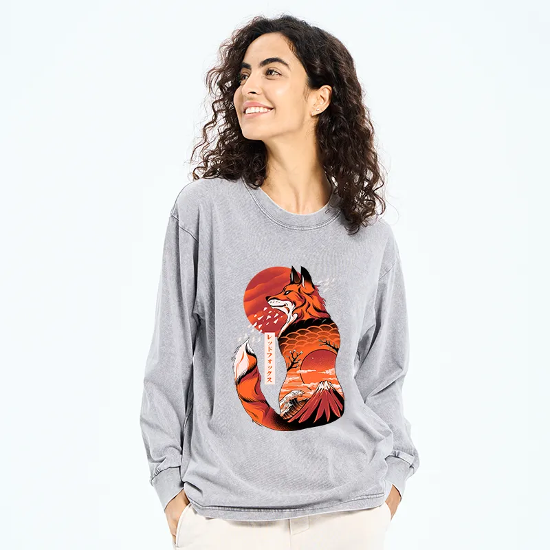 Tokyo-Tiger Japanese Fox KitsuneTattoo Washed Long Sleeve T-Shirt