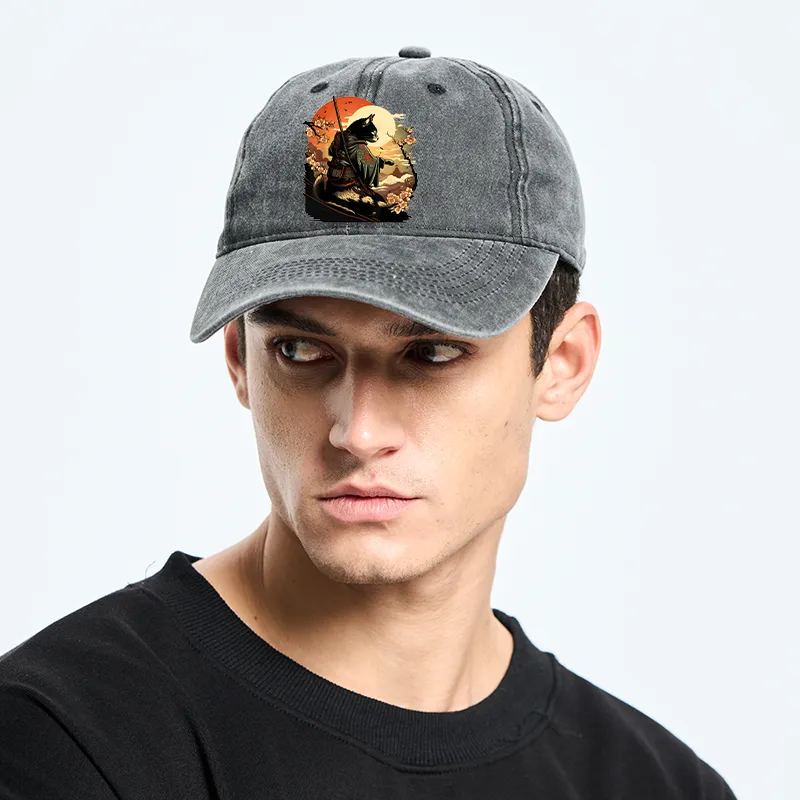 Tokyo-Tiger Cat Ninja Ukiyo-e Anime Style Samurai Washed Cap