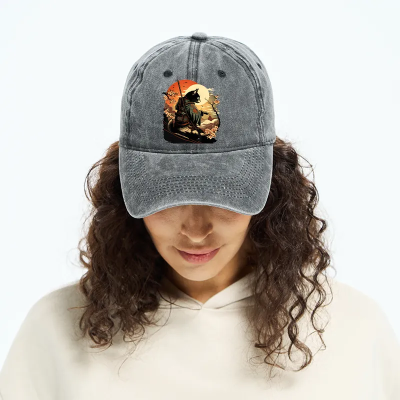 Tokyo-Tiger Cat Ninja Ukiyo-e Anime Style Samurai Washed Cap