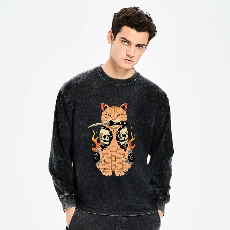 Tokyo-Tiger Catana Cat Skull Tattooed Samurai Washed Long Sleeve T-Shirt