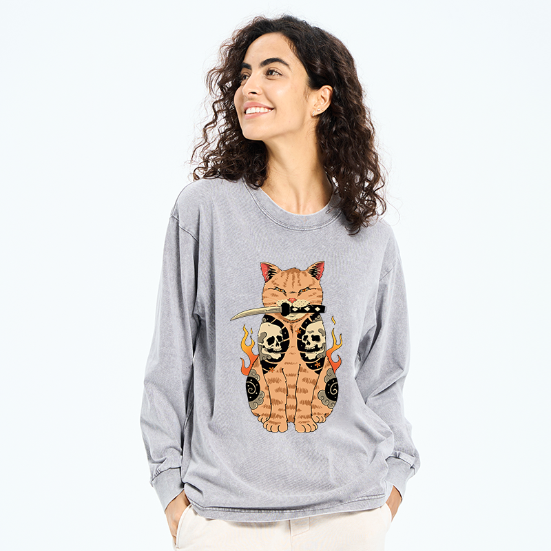Tokyo-Tiger Catana Cat Skull Tattooed Samurai Washed Long Sleeve T-Shirt