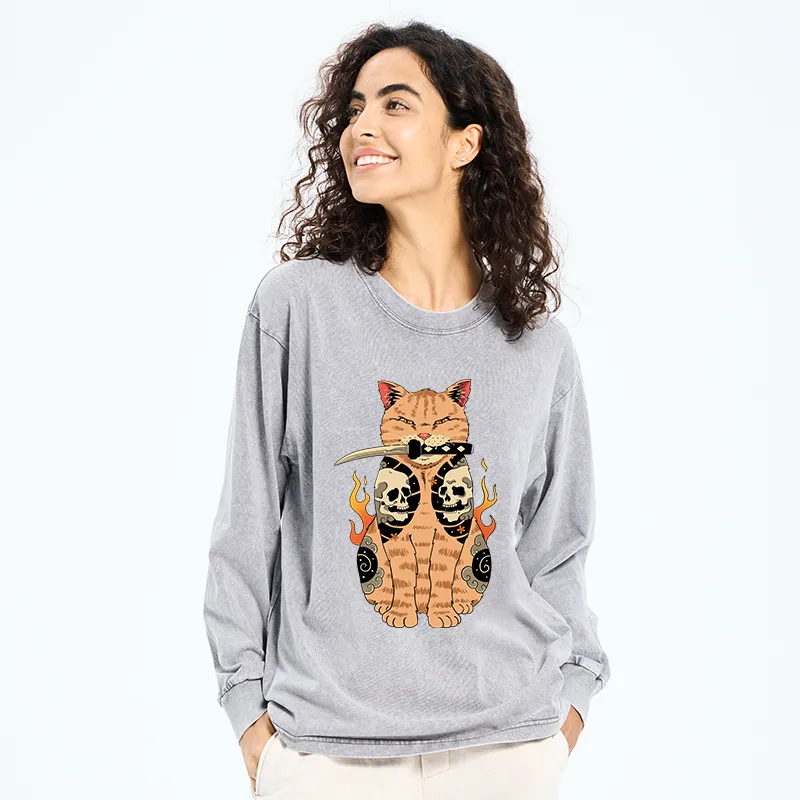 Tokyo-Tiger Catana Cat Skull Tattooed Samurai Washed Long Sleeve T-Shirt