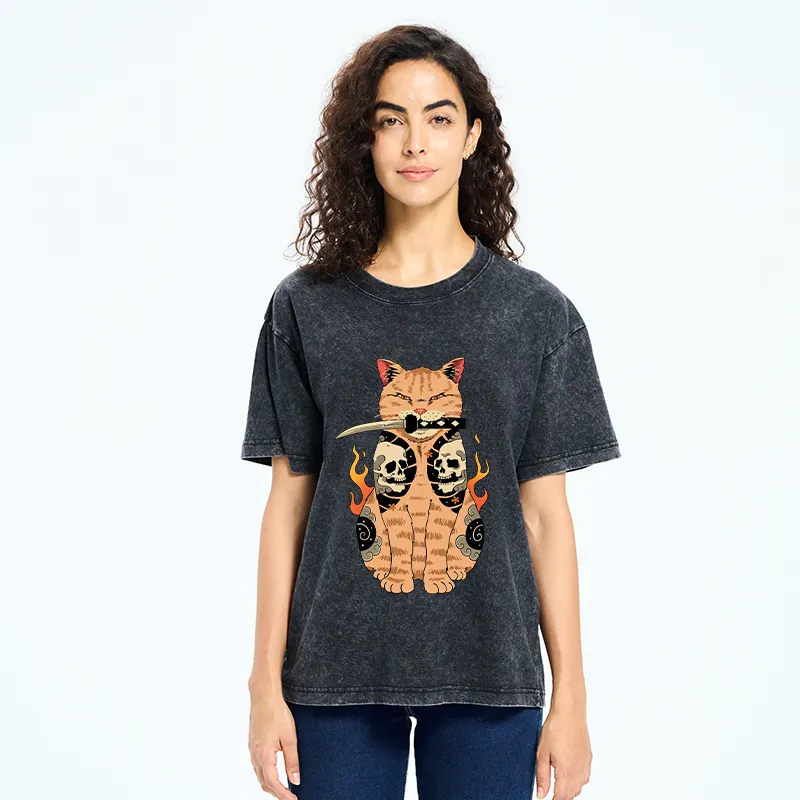 Tokyo-Tiger Catana Cat Skull Tattooed Samurai Washed T-Shirt