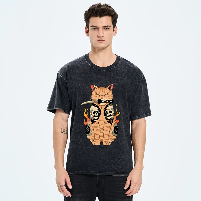 Tokyo-Tiger Catana Cat Skull Tattooed Samurai Washed T-Shirt