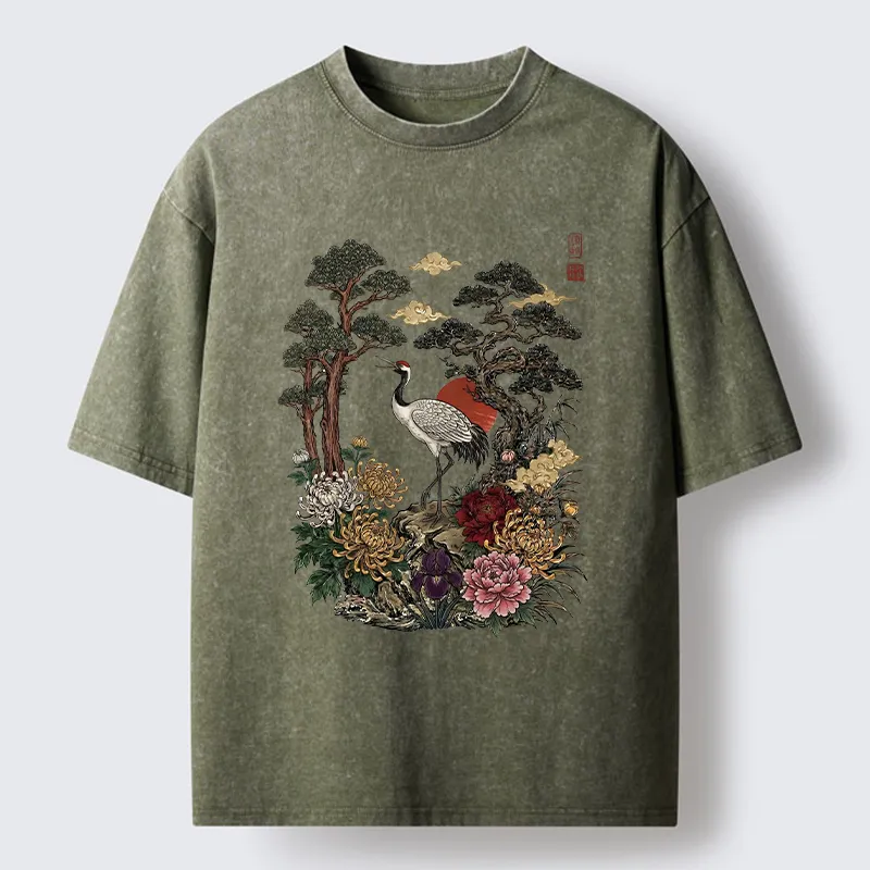 Tokyo-Tiger Vintage Crane Pine Tree Art Washed T-Shirt
