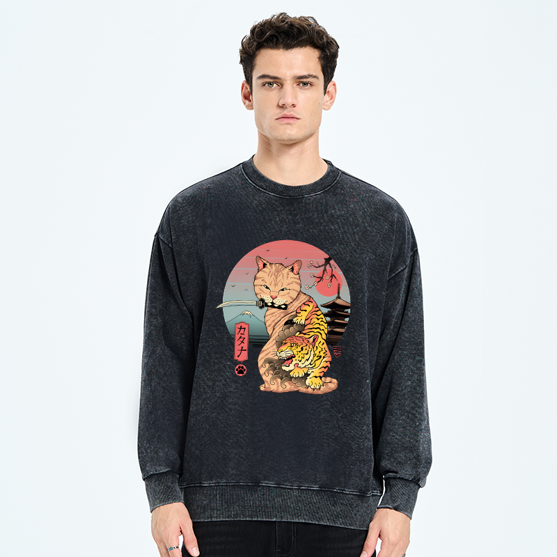 Tokyo-Tiger Katana Cat Tattoo Washed Sweatshirt